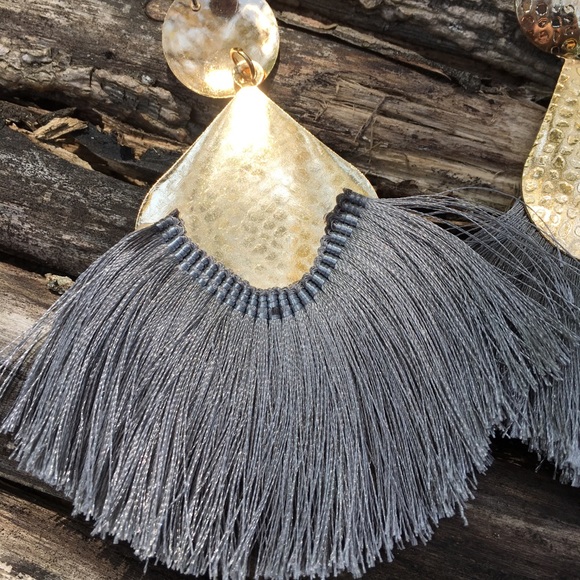 Big Beautiful Grey & Gold Tassel Earrings - Picture 4 of 5